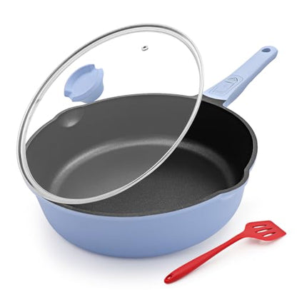 Bobikuke Non Stick Frying Pan Skillet with Lid, 12 Inch Nonstick Deep Frying Pan, 5 QT Saute Pan with Detachable Handle, Compatible with All Stoves, Induction Ready, Oven Safe, PTFE & PFAS-Free, Blue