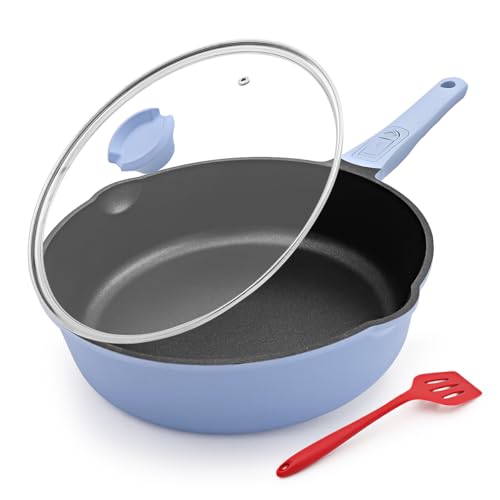Bobikuke Non Stick Frying Pan Skillet with Lid, 12 Inch Nonstick Deep Frying Pan, 5 QT Saute Pan with Detachable Handle, Compatible with All Stoves, Induction Ready, Oven Safe, PTFE & PFAS-Free, Blue