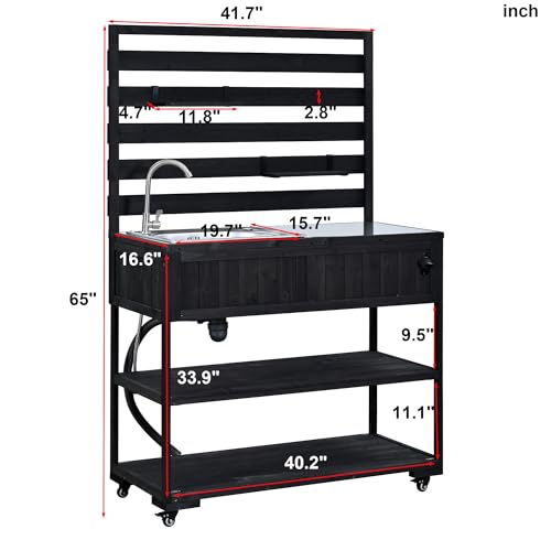 SKJDCSDLLSN Mobile Outdoor Grill Cart with Integrated Sink and Faucet, Portable Solid Wood Kitchen Island on Wheels with 2-Tier Shelving, Backyard BBQ Prep Table & Potting Bench for Garden