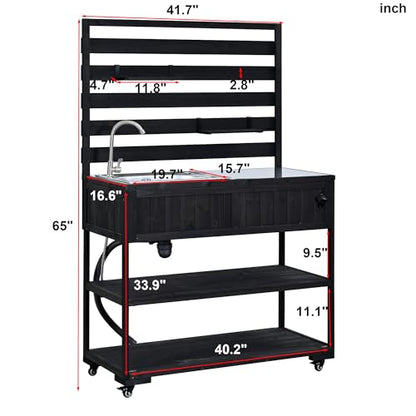 SKJDCSDLLSN Mobile Outdoor Grill Cart with Integrated Sink and Faucet, Portable Solid Wood Kitchen Island on Wheels with 2-Tier Shelving, Backyard BBQ Prep Table & Potting Bench for Garden
