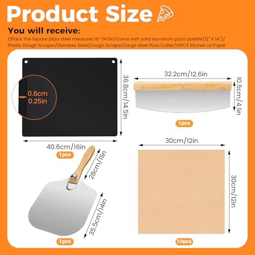 Large Cast Iron Pizza Stone Set for Oven & Grill - 16x13.4x1/4 Inch Steel Pizza Baking Stone, 4 PCS Pizza Making Accessories Kit for Barbecue, Sourdough Bread & Large Pizzas