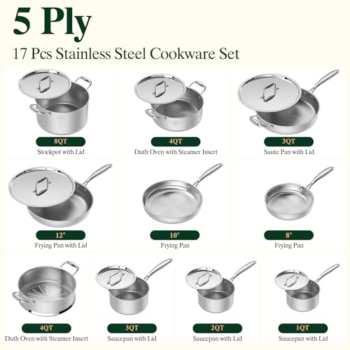 Umite Chef 17Pcs 5 Ply Clad Stainless Steel Cookware Set with Lids, Heavy Duty Pots and Pans Kitchen Set, Induction-Ready, Dual Aluminum Core for Even Heat, Cool Grip Handles, Dishwasher Safe