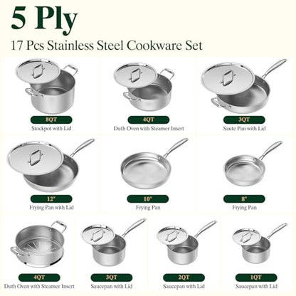 Umite Chef 17Pcs 5 Ply Clad Stainless Steel Cookware Set with Lids, Heavy Duty Pots and Pans Kitchen Set, Induction-Ready, Dual Aluminum Core for Even Heat, Cool Grip Handles, Dishwasher Safe