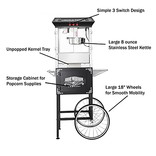 Lincoln Popcorn Machine with Cart - 8oz Popper with Stainless-Steel Kettle, Warming Light, and Accessories by Great Northern Popcorn (Black)