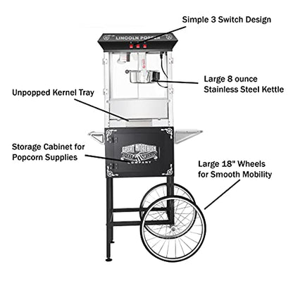 Lincoln Popcorn Machine with Cart - 8oz Popper with Stainless-Steel Kettle, Warming Light, and Accessories by Great Northern Popcorn (Black)