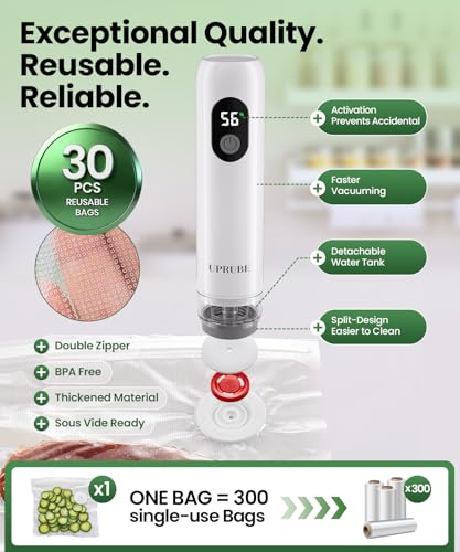 UPRUBE Compact Vacuum Sealer for Food (Vacuum Sealer Machine + 30 Reusable Vacuum Bags), Powerful Handheld Food Vacuum Sealer Machine with LED Display & Liquid Drainage Tube, Portable Food Sealer