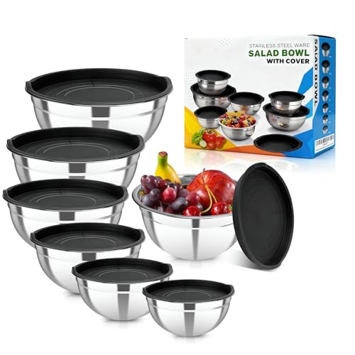 YJSLICT Stainless Steel Mixing Bowls with Lids Set, 7 Pcs Nesting Design Metal Mixing Bowls Salad Bowl for Mixing, Prepping and Serving Food(Size4.5-0.7QT)