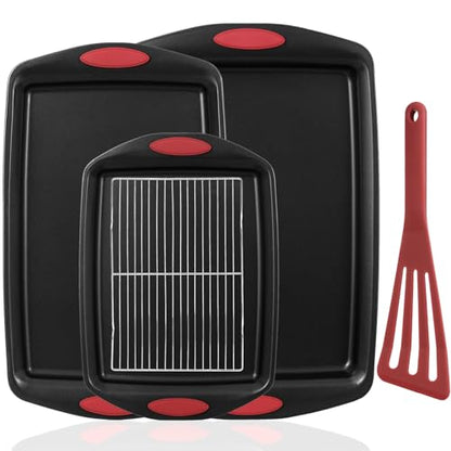 5-Piece Nonstick Baking Pans Set - Premium Carbon Steel Bakeware with PFOA/PFOS/PTFE-Free Coating, Red Silicone Handles (Black Red)