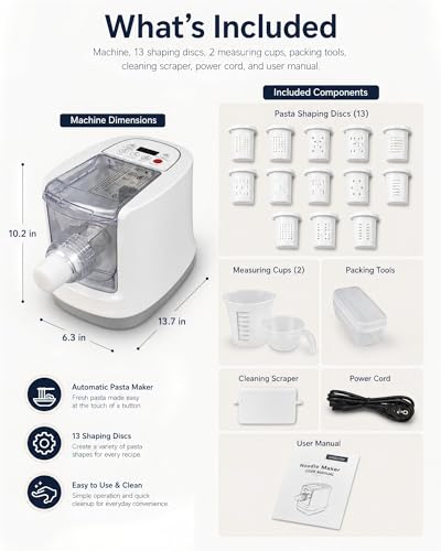 KabFbit Automatic Pasta Maker, 13 Discs, 500g Flour Capacity