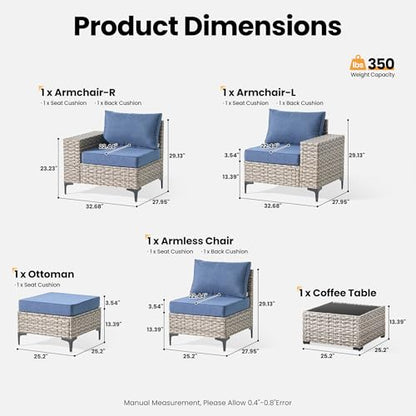 ovios 5-Piece Patio Furniture Set with L-Shaped Sofa Chaise, Outdoor Modular Sectional Couch Coffee Table, Modern Wicker Rattan Conversation Set, Denim Blue