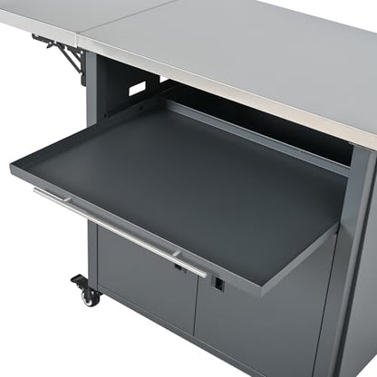 Merax Foldable Outdoor Kitchen Island & BBQ Prep Cart with Stainless Steel Top &Trash Rack & Lockable Wheels & Storage Cabinets – Portable Patio Dining Station for Grilling & Backyard & Camping, Gray