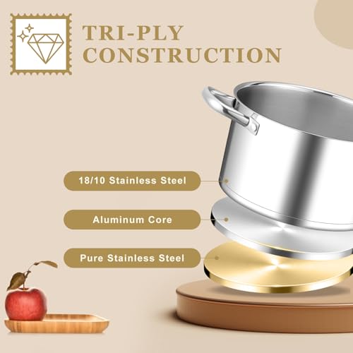 Leonyo 5 Quart Stock Pot with Lid, 18/10 3-ply Stainless Steel Stockpot for Induction Ceramic Gas Stoves, Heavy Duty Cooking Pot for Canning, Boiling, Simmering, Cooking Pot for Pasta, Soup, Spaghetti