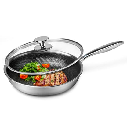 Innerwell Stainless Steel Frying Pan Nonstick Frying Pan with Lid 10 Inch Honeycomb Stainless Steel Skillet Woks Pan for Gas Electric Induction Ceramic Stoves and Oven