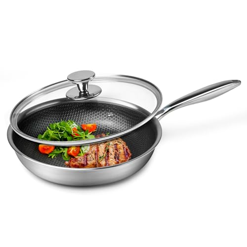 Innerwell Stainless Steel Frying Pan Nonstick Frying Pan with Lid 10 Inch Honeycomb Stainless Steel Skillet Woks Pan for Gas Electric Induction Ceramic Stoves and Oven