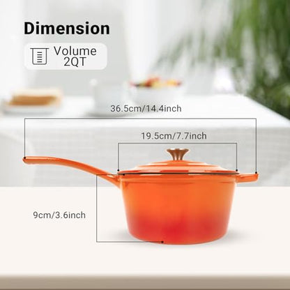 Enameled Cast Iron Sauce Pan, 2 Quarts Round Sauce Pot with Lid, Mini Dutch Oven Enamel Saucepan for Cooking Pasta Sauce, Marinate, Cook, Refrigerate and Serve, Flame Orange