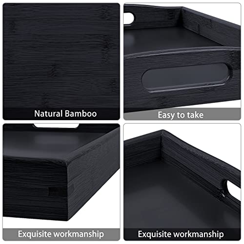 3 Pack Bamboo Serving Trays with Handles, Rectangular Kitchen Food Tray for Eating, Dinner Trays for Eating on Couch, Wood Serving Platter for Breakfast, Tea, Bar, Restaurant, Party or Bed (Black)