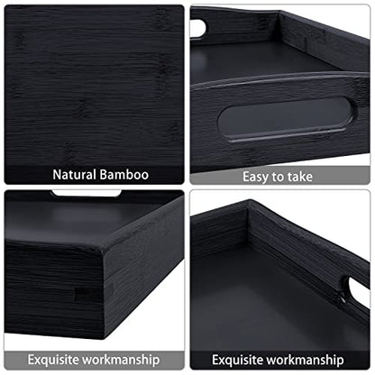 3 Pack Bamboo Serving Trays with Handles, Rectangular Kitchen Food Tray for Eating, Dinner Trays for Eating on Couch, Wood Serving Platter for Breakfast, Tea, Bar, Restaurant, Party or Bed (Black)