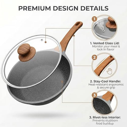 YASHE 10 Inch Nonstick Saute Pan with Glass Lid, 3.5 QT Deep Skillet & Frying Pan, Healthy Granite Stone Cookware for Family, One Pan Replaces Five, Induction Compatible, PFOA Free