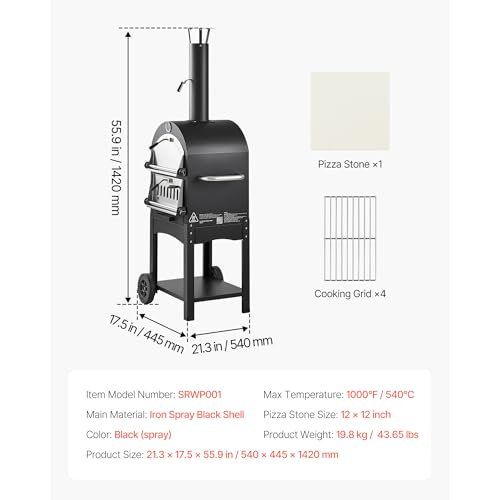 VEVOR Portable Outdoor Oven, 12-inch Stand Pizza Oven with Casters, Pellet & Chips & Charcoal & Firewood Four Fuel, Baked Paint Pizza Grill, Includes Pizza Stone, Pizza Shovel, for Camping & Backyard