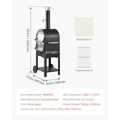 VEVOR Portable Outdoor Oven, 12-inch Stand Pizza Oven with Casters, Pellet & Chips & Charcoal & Firewood Four Fuel, Baked Paint Pizza Grill, Includes Pizza Stone, Pizza Shovel, for Camping & Backyard