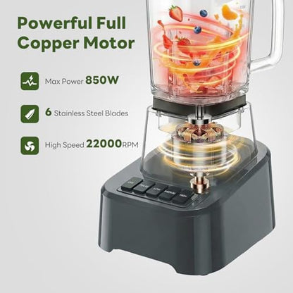 OLIXIS Professional Blender for Smoothies, Full-Size Kitchen Blender with 850 Peak Watts & 54oz Large Glass Pitcher, 4 Speeds with Pulse for Ice Crushing Frozen Fruits, Dishwasher Safe, Grey