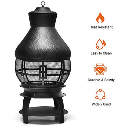 Giantex Wood Burning Chiminea, Heavy Duty Fireplace Chiminea Wooden Fire Pit with 2-Piece Log Grate, Premium Rain Cap & Fire Poker, 360°Fire Retardant Mesh Cover, Ideal for Garden, Patio, Backyard