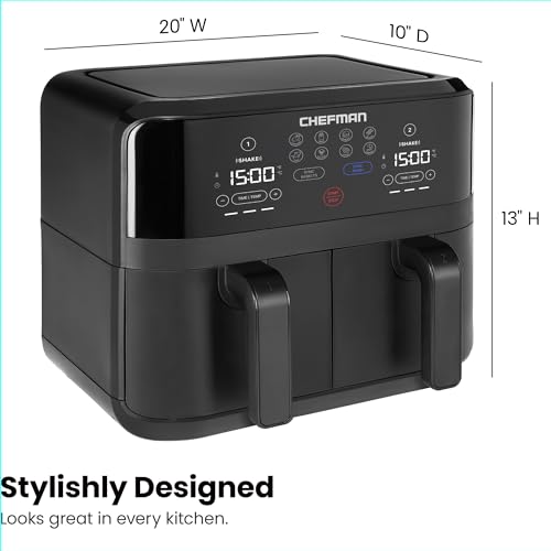 Chefman TurboFry Touch Dual Air Fryer, Maximize The Healthiest Meals With Double Basket Capacity, One-Touch Digital Controls And Shake Reminder For The Perfect Crispy And Low-Calorie Finish