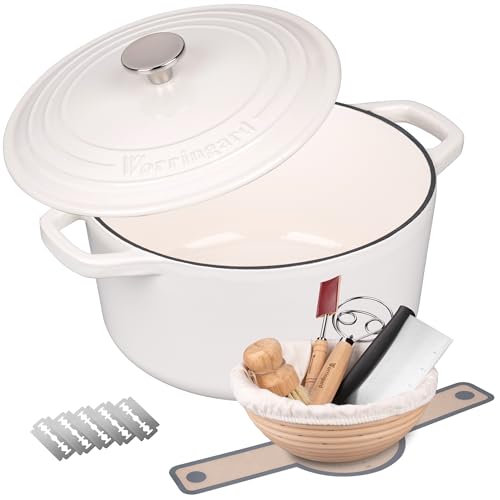VORRINGARD Enameled Cast Iron Dutch Oven Pot with Lid, for Bread Baking, Round Bread Oven- include Sourdough Bread Baking Supplies Set, 4.5QT, White