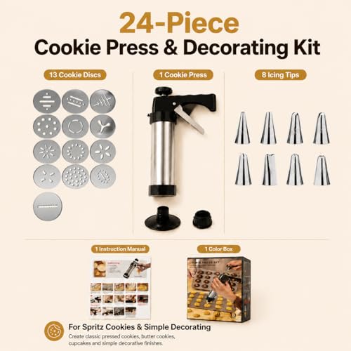 Loukaii Spritz Cookie Press Gun Kit - 24-piece cookie press set with 13 Discs & 8 Tips | Easy Squeeze for Butter Cookies, Cake Decorating | Ideal Holiday Baking & Gift for Home Bakers