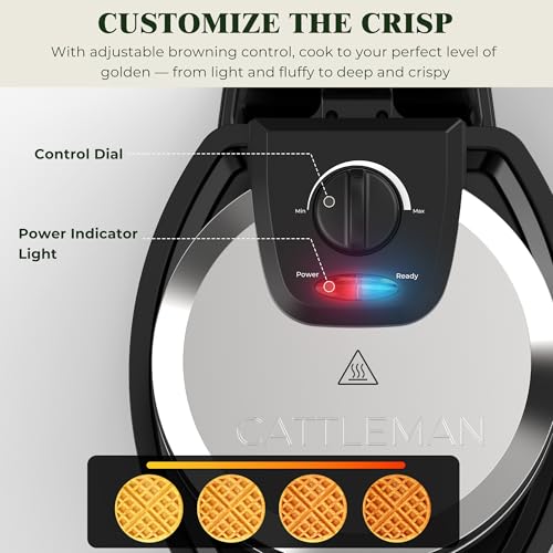 CATTLEMAN Waffle Maker, Rotating Belgian Waffle Maker with Magnetic Timer, 180° Flip Waffle Iron, Nonstick Plates, Adjustable Browning, Drip Tray, Cool Touch Handle for Crispy Family Breakfast