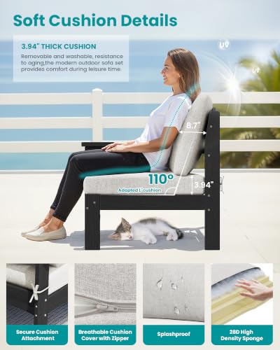SERWALL HDPE Outdoor Loveseat Sofa, Outdoor 2 Pieces Single Sofa, Black