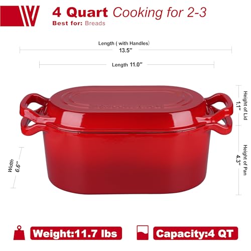 VORRINGARD Oval Dutch Oven Pot with Lid, Enamel Coating Cast Iron Bread Pans for Homemade Sourdough Bread Baking, Cooking, 4 Quart, Red
