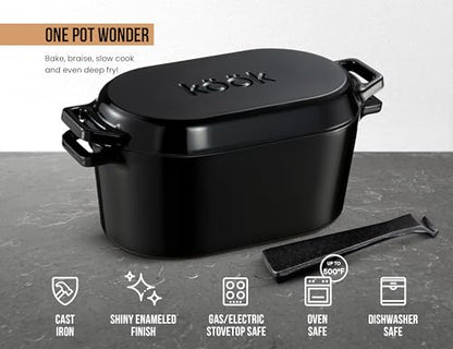 KooK Dutch Oven, for Bread Baking, Sourdough Loaf Pan, with Lid, Dual Handles, Enameled Cast Iron, includes Lid Lever, Dishwasher Safe, Oven safe 500F, 3.4 Qt, Black
