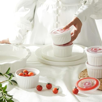 Sweese 6-Pack 8 oz Porcelain Ramekins with Lids, White Souffle Dishes for Baking, Creme Brulee Cups, Oven-Friendly Pudding Custard Bowls – Versatile Kitchen Essentials for Baking and Storing