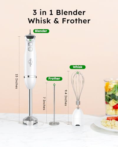 Sangcon Immersion Blender Handheld, 3-in-1 Hand Blender Electric, 400W Handheld Licuadora de mano, Stainless Steel Blade Stick Mixer with Whisk, Milk Frother Attachments White