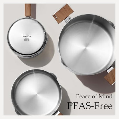 CAROTE1.5Qt & 3Qt Stainless Steel Saucepan Set, Triple Ply Stainless Steel Pot, Saucepan with Glass Lid, Small Sauce Pot with Wooden Handle, Easy Pour Rim, Mothers Day Gifts