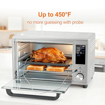 OLIXIS Toaster Oven Countertop, 29.6QT Air Fryer Toaster Oven Combo, 12-in-1 with Smart Probe, Broil, Bake, Toast & Specialized Presets, Temp Up to 450°F, 6 Accessories Included, Stainless Steel