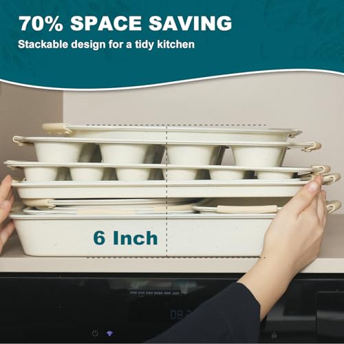 BakerChef 10-Piece Nonstick Baking Pans Set, Stackable Non-Toxic Bakeware Sets with Silicone Handle, Oven Pan Set for Cooking, Includes Easy Release Cookie Sheet, Roasting Pan, Muffin Tin (Cream)
