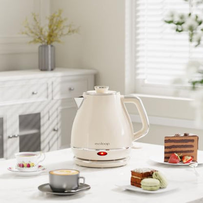 Evoloop Electric Tea Kettle, 1500W /1.0L Hot Water Boiler Heater Pot, Retro Small Electric Kettle, 100% Stainless Steel BPA Free Electric Teapot, Auto Shut-Off & Boil-Dry Protection（Beige）
