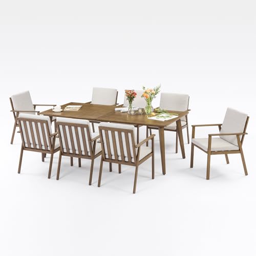 SEEHILL 9 Pieces Never-Rust Aluminum Patio Dining Set, Outdoor Dining Set for 8, Outdoor Dining Table and Chairs Set with Cushions, Patio Furniture Set for Deck, Garden, Poolside, Teak