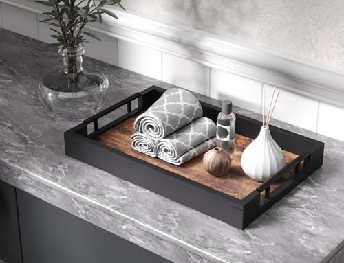 Fibogollo Wooden Serving Tray with Metal Handles,15x9.8in Ottoman Decorative Trays Platter for Coffee Table,Living Room,Bar,Party,Medium