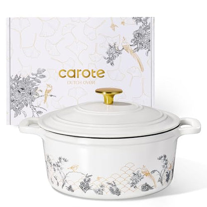 CAROTE Cast Iron Dutch Oven Pot with Lid, 5QT Enameled Floral Dutch Ovens with Gift Box, Cast Iron Pot for Sourdough Bread Baking, Braising, Stews, Roasting, All Stovetop Compatible, Oven Safe, White