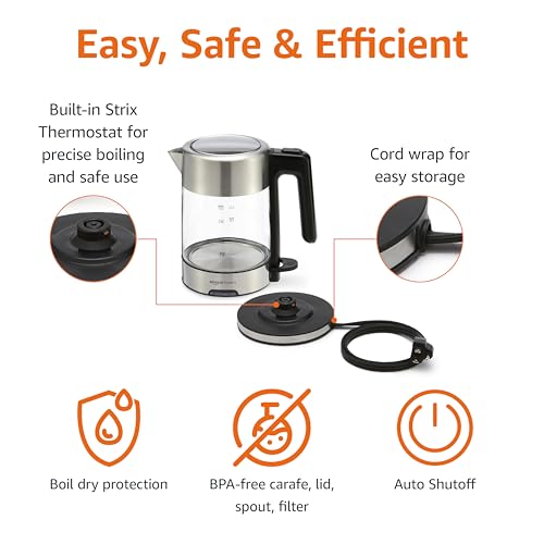 Amazon Basics Electric Kettle with Glass Carafe for Tea and Coffee, Fast Boiling, Auto Shut-Off, Boil-Dry Protection, Temperature Control, Removable Filter, 1 Liter, 1500W, BPA-Free