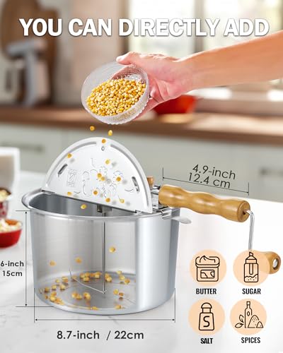 Cook N Home 6 Quart Stovetop Popcorn Popper, Hand Crank Popcorn Maker with Metal Gears, Stirring System and Wooden Handle, Aluminum Popcorn Pot for Family Time & Camping