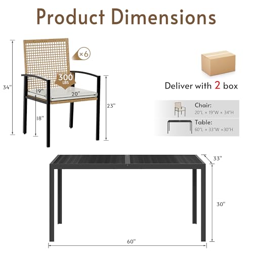 Rotihom 7-Piece Outdoor Dining Set for 6, Patio Dining Set with Hand-Woven Wicker Chairs & Cushions, 60" x 33" x 30" Wider Aluminum Woodgrain Table for Deck, Garden, Backyard