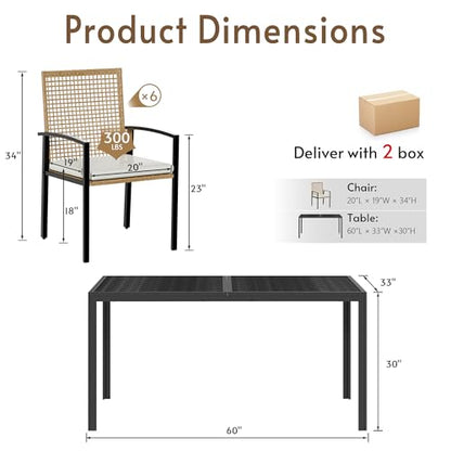 Rotihom 7-Piece Outdoor Dining Set for 6, Patio Dining Set with Hand-Woven Wicker Chairs & Cushions, 60" x 33" x 30" Wider Aluminum Woodgrain Table for Deck, Garden, Backyard