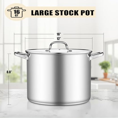 TeamFar 16QT Stock Pot, Stainless Steel Stockpot Large Induction Cooking Pot with Lid & Tri-ply Bottom, for Soup Seafood Cooking, Sauce Canning, Non Toxic & Heavy Duty, Various Stovetops Suitable