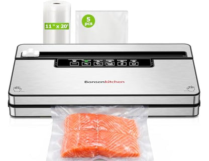 Bonsenkitchen Vacuum Sealer Machine with 1 Roll & 5 Airtight Bags, 5 Vacuum Modes, 80 kPa Powerful Suction, Built-in Cutter & Bag Storage – Silver
