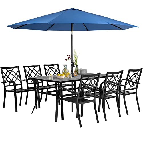 Omelaza 7 Pieces Patio Metal Furniture Outdoor Dining Set with 6 Stackable Bistro Chairs, 60'' x 37'' Rectangle Table and 10Ft Dark Blue Umbrella