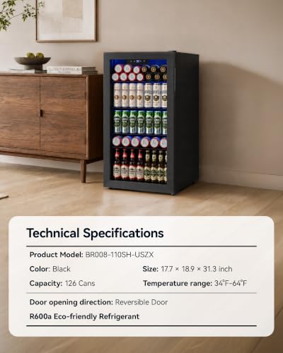 Feelfunn 3.2 Cu. Ft. Beverage Refrigerator, 126-Can Mini Fridge, 34-64°F